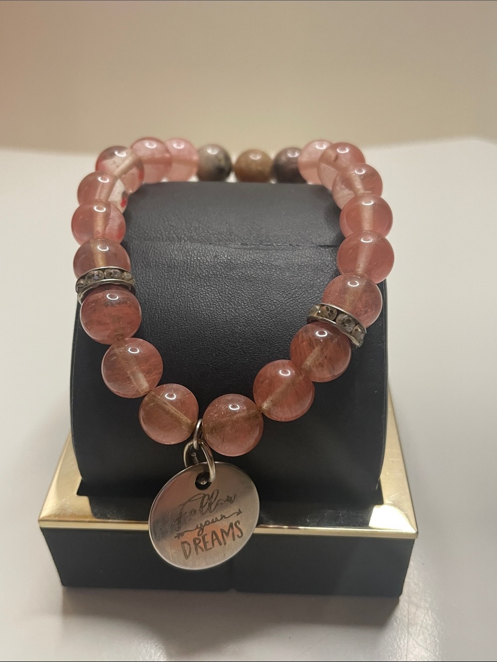 Vintage Pink Crystal and Gemstone Beaded Charm Bracelet - "Follow Your Dreams"